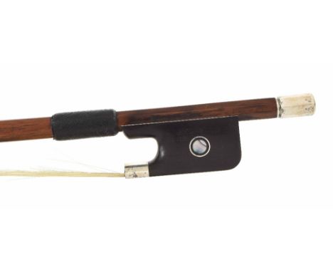 Silver mounted violoncello bow stamped Emile Ouchard, 76gm (partial lapping)