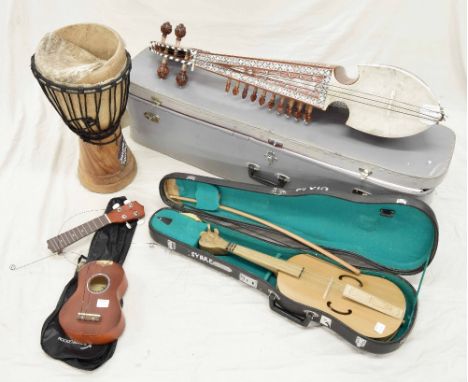 *Contemporary mother of pearl inlaid sitar; an unusual contemporary cornerless violin style fiddle, bow, case; also a contemp