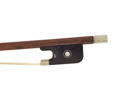 Nickel mounted violoncello bow stamped Louis Bazin, the stick round, the ebony frog inlaid with nickel rings enclosing pearl 