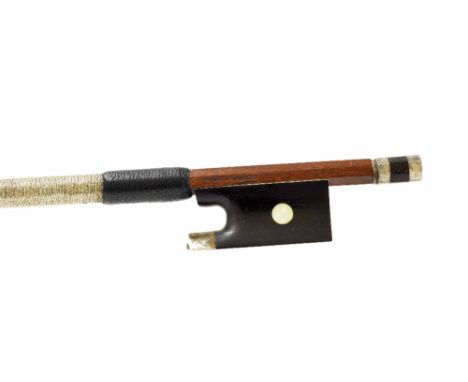 Silver mounted violin bow stamped J. Hel a Lille, the stick round, the ebony frog inlaid with pearl eyes and the ebony adjust