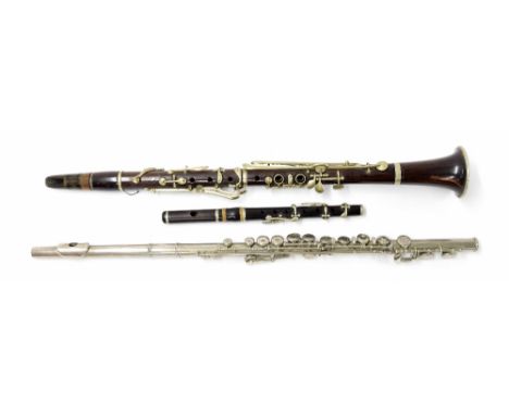 Buffet Crampon rosewood clarinet; also a five key cocuswood piccolo and a Dellman metal flute (all at fault) (3)