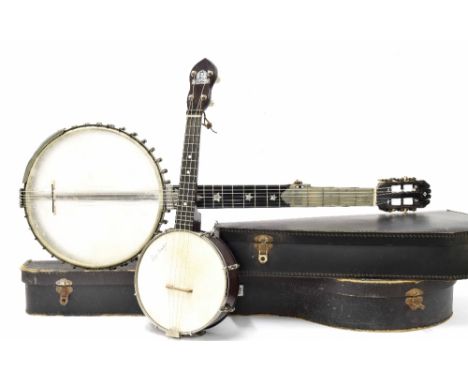 Interesting six string banjo circa 1900 inscribed E.J. Ward, Maker, 18 Stanne Street, Liverpool to the rod;, also stamped wit