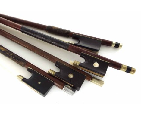 Three nickel mounted violin bows, one stamped Lupot; also an aluminium and nickel mounted violin bow (4)