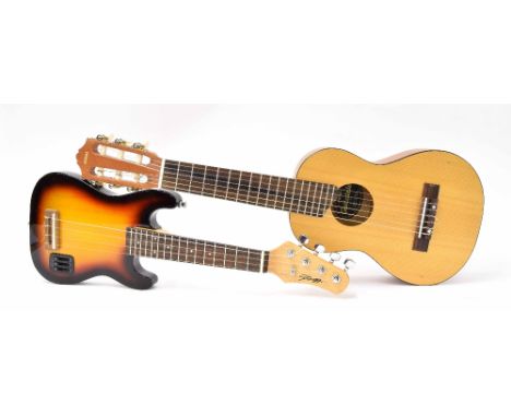 Contemporary Stagg electric ukulele, sunburst finish, gig bag; also a Yamaha Guitalele with gig bag (2)