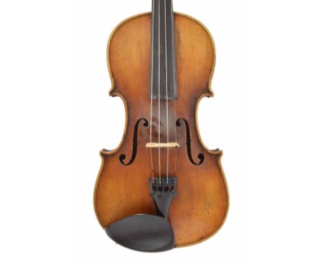 Good early 20th century seven-eighth size violin, unlabelled, 13 1/2", 34.30cm, bow, case