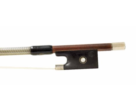 German violin bow by and stamped Gerhard Penzel, the stick octagonal, the ebony frog inlaid with silver rings enclosing pearl