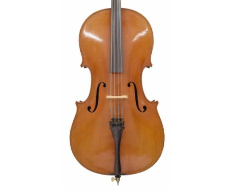 Bohemian violoncello circa 1930, unlabelled, the two piece back of faint medium curl with similar wood to the sides and head,