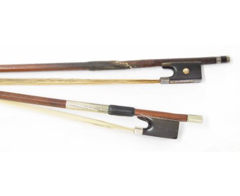 German nickel mounted violin bow stamped Heinz Dolling***, 61gm; also a silver mounted violin bow, unstamped, 54gm (with part