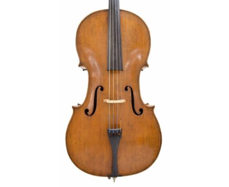 Good late 19th century German violoncello, the two piece back of faint medium curl with similar wood to the sides and head, t