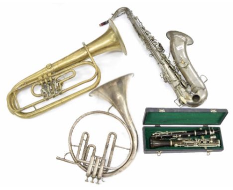 Old silver plated Buffet tenor saxophone, old brass baritone horn with three rotary valves, Jerome Thibouville-Lamy ballard/F