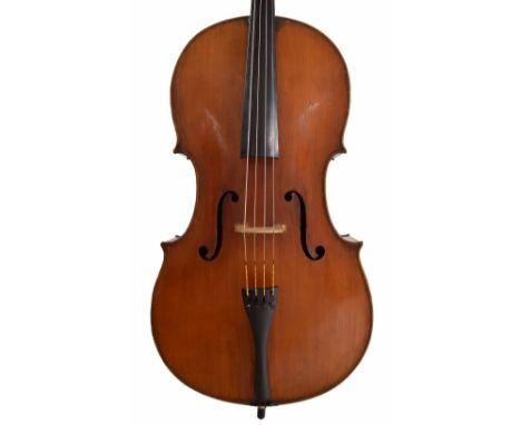 Interesting mid 19th century violoncello, possibly English, unlabelled, the two piece back of faint medium curl with similar 