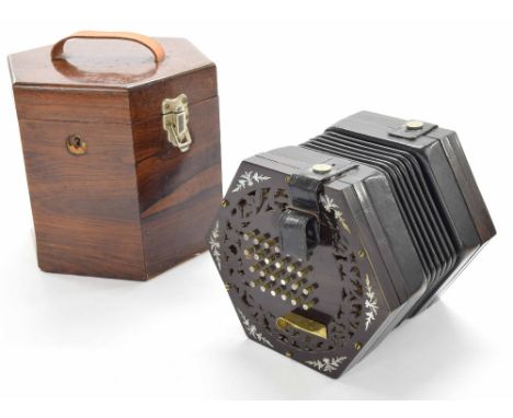 Good English concertina by George Case, with forty-eight metal buttons on pierced rosewood ends inlaid with geometric foliate
