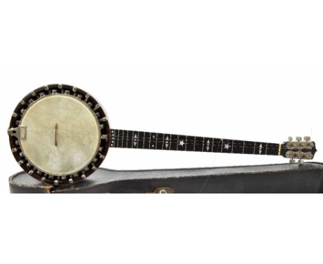 Old five string banjo with rosewood resonator, mother of pearl geometric and dot inlay to the fingerboard, 9" skin, case