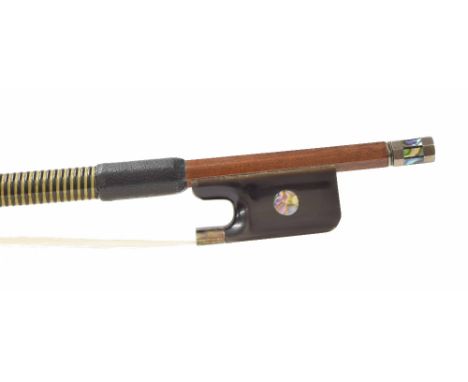 Silver mounted viola bow, unstamped, the stick round, the ebony frog inlaid with pearl eyes and the adjuster with two silver 