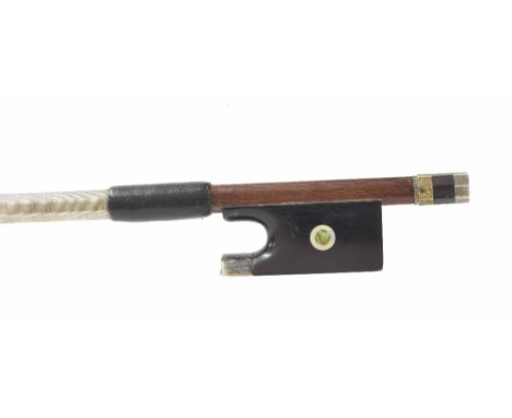 Silver mounted violin bow, unstamped, the stick octagonal, the ebony frog inlaid with double pearl eyes and the ebony adjuste