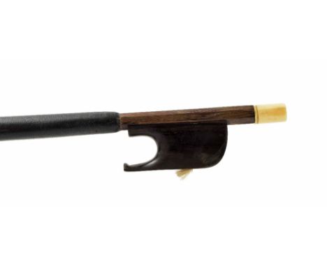 Interesting early 19th century violin bow with plain ebony frog and bone button, unstamped, 51gm (without hair)