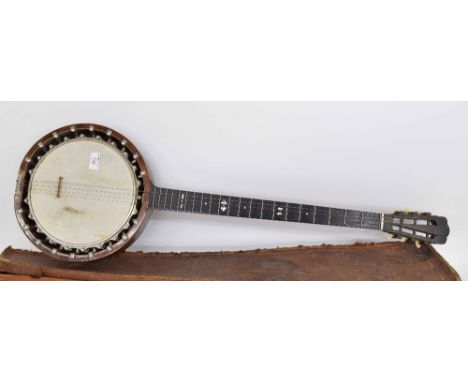 Barnes & Mullins five string zither banjo, with 9" skin and 27.5" scale, within an original fitted tooled brown leather case