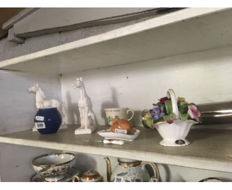 SHELF OF CHINAWARE, PAIR OF HORSES ETC