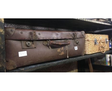 VINTAGE SUITCASE FULL OF EMBROIDERED LINEN &amp; VINTAGE WICKER PICNIC HAMPER