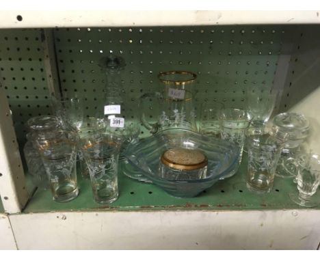 SHELF OF GLASS BEAKERS, DECANTER &amp; STOPPER ETC