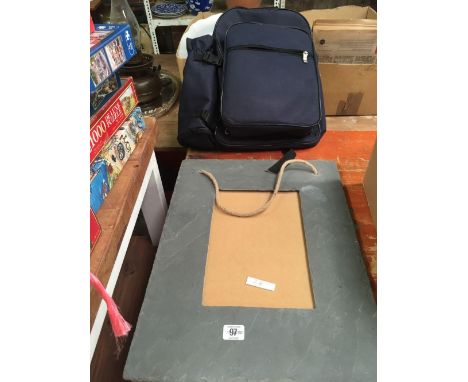 BLUE CANVAS BACKPACK PICNIC HAMPER WITH PART CONTENTS &amp; A SLATE PICTURE FRAME