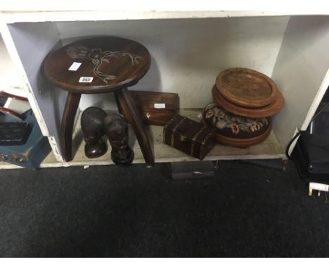 A CARVED DEER STOOL, ETHNIC CARVED HEADS, TAPESTRY PIN CUSHION, JEWELLERY BOXES ETC