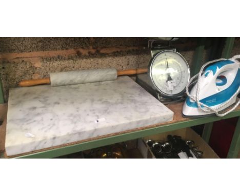 NEW &amp; BOXED RUSSELL HOBBS STEAM IRON, SET OF KITCHEN SCALES &amp; HEAVY MARBLE PASTRY SLAB &amp; ROLLER 