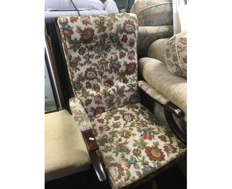 ERCOL UPHOLSTERED FIRESIDE ARMCHAIR - WORN