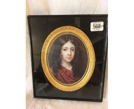 OVAL PORTRAIT OF A YOUNG MAN IN A BLACK LACQUER EASEL FRAME WITH DECORATIVE YELLOW METAL MOUNT [PRINT?].  BELIEVED TO BE A PO