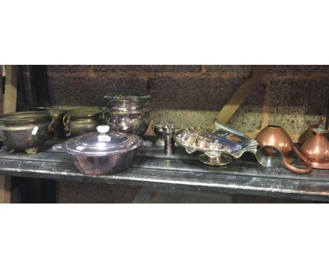 SHELF OF VARIOUS BRASS &amp; PLATEDWARE 