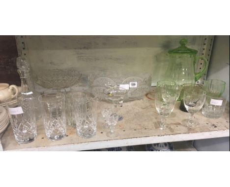 SHELF OF VARIOUS GLASSWARE INCL; TUMBLERS, WATER JUG, BOWLS ETC