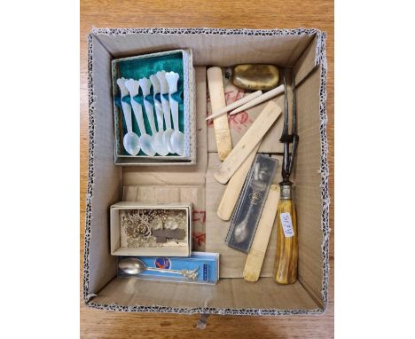 CARTON WITH CASE SET OF 6 M.OP CAVIAR SPOONS, BONE, TONGUE DEPRESSORS, SOUVENIR SPOON, HORN SNUFF BOX &amp; OTHER ITEMS