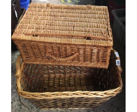 4 VARIOUS WICKER LOG BASKETS &amp; PICNIC HAMPER