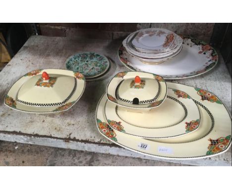 SHELF OF VINTAGE CHINA INCL; ROYAL VENTUM WARE, MEAT PLATERS, TUREENS, PLATES ETC