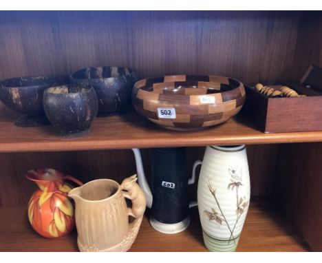 QTY OF CHESS PIECES, WOODEN FRUIT BOWL, SILVAC JUG, VASE, TEA POT ETC