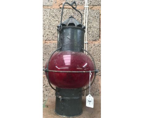 VINTAGE MARITIME LANTERN WITH RED GLASS GLOBE 