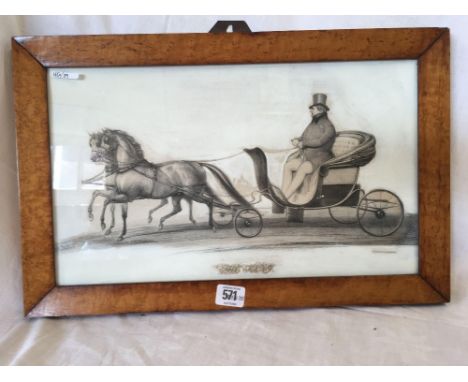 ANTIQUE PRINT OF A GEORGIAN GENTLEMAN DRIVING A CARRIAGE AND PAIR IN AN ANTIQUE BIRD'S EYE MAPLE FRAME