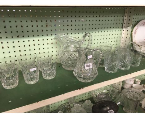 SHELF OF WHISKY TUMBLES &amp; PAIR OF GLASS WATER JUGS