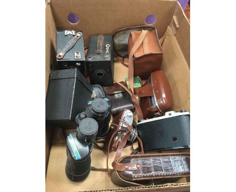 CARTON OF VINTAGE BOXED CAMERAS, BINOCULARS ETC