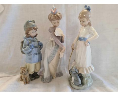 2 NAO FIGURES BY LLADRO, ONE OF A GIRL WITH BACKPACK THE OTHER A GIRL WITH A HOOP &amp; DOG &amp; ONE OF A GIRL WITH A FAN NO