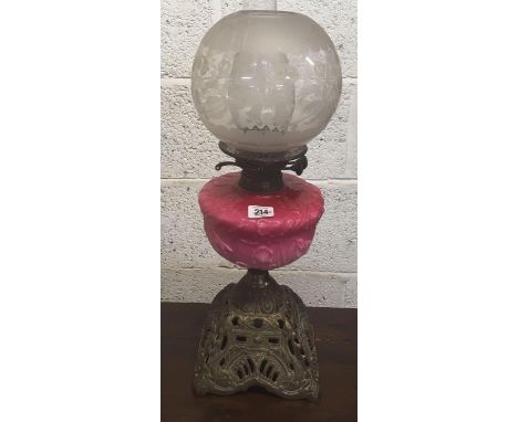 BRASS &amp; PINK GLASS OIL LAMP WITH CHIMNEY &amp; ETCHED GLOBE SHADE (REPAIRED)