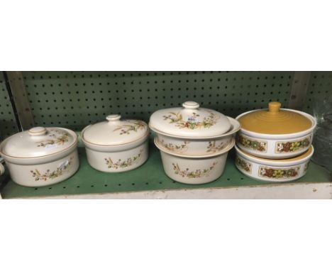 SHELF OF 6 VARIOUS POTTERY TERRINE'S WITH LIDS