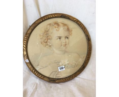 CIRCULAR WATERCOLOUR, HEAD AND SHOULDERS PORTRAIT OF A LITTLE GIRL WITH BLUE EYES AND GOLDEN HAIR, HOLDING A POSY OF FLOWERS.