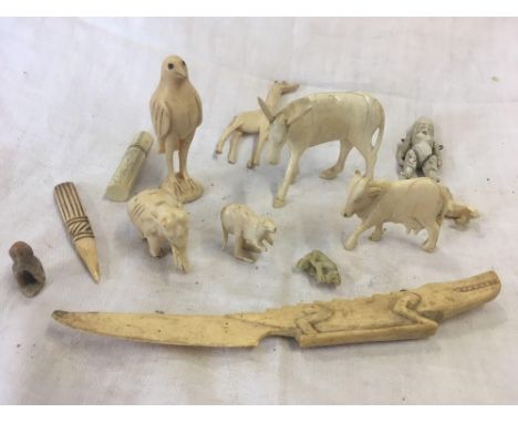 CARTON OF BONE ITEMS INCL; ANIMALS, BIRDS, LETTER OPENER &amp; ARTICULATED PUPPET OF SMALL SIZE