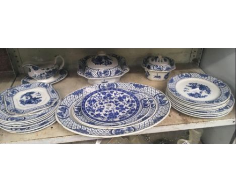 SHELF OF VARIOUS BLUE &amp; WHITE DINNERWARE INCL; LARGE MEAT PLATER 