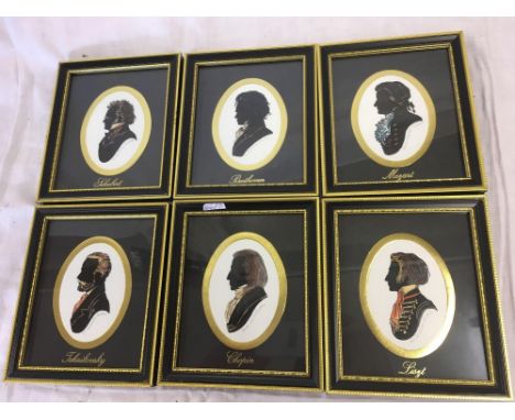 SET OF 6 GILT TINTED PORTRAIT SILHOUETTES OF THE GREAT COMPOSERS, SIGNED IN PENCIL 