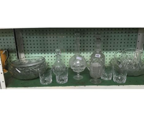 SHELF OF GLASSWARE CONSISTING OF 2 DECANTERS &amp; STOPPERS &amp; FRUIT BOWLS ETC