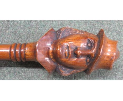 Victorian walking stick with carved finial head of a Gentleman's Head, wearing a hat, 88cm long