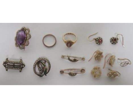 A collection of Victorian, and later, seed pearl jewellery to include a hallmarked 18ct gold seed pearl pink paste and diamon