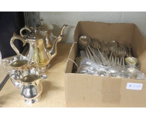 Quantity of silver plated flatware, together with a four piece tea service